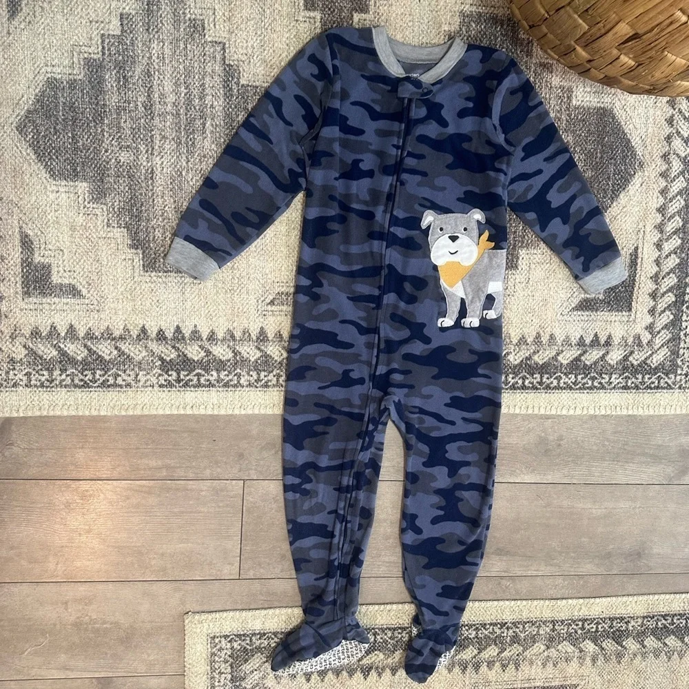 Carter's 5T Boy Camo Fleece Zip Footie Pajamas Navy Camouflage with Dog Design
